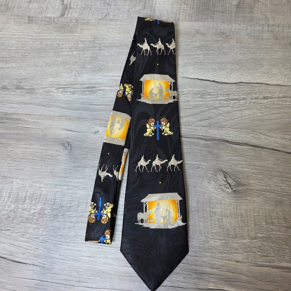 Fratello Men's Black 57x3.5 Necktie Nativity Angels Cross 3 Wise Men Religious